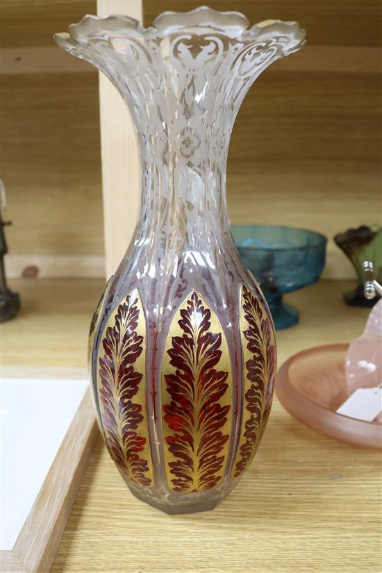 An overlaid etched and gilded glass vase height 35cm